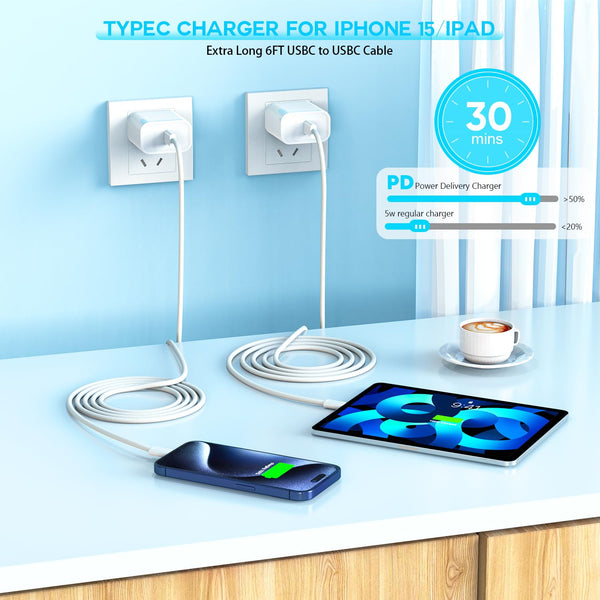 Fast Charger for iPhone 17 16 15, 3Pack USB C iPad Charge PD Fast Charger Block 6FT Long USBC to Type C i Phone Charging Cable Cord for iPhone 17