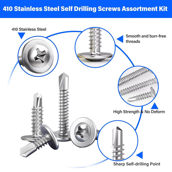 450PCS Self Tapping Screws for Metal, 410 Stainless Steel Self Drilling Screws #80 Truss Head Sheet Metal Screws Assortment Kits, Length 1/2"