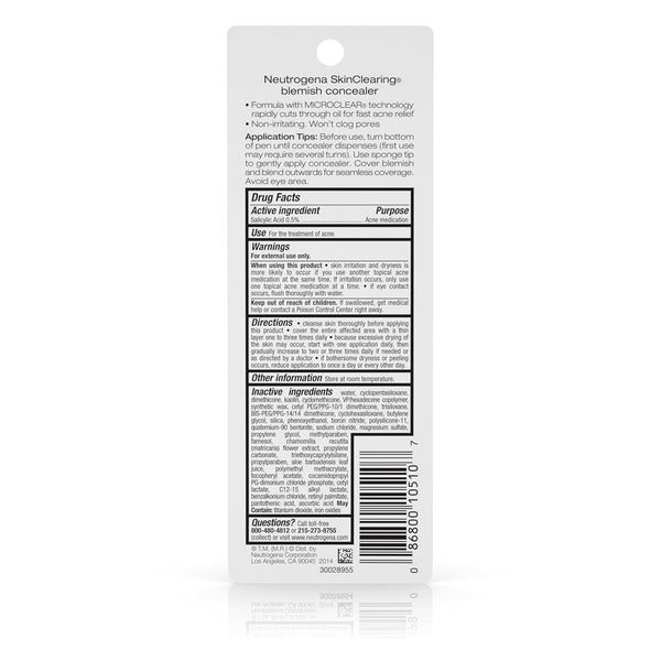 Neutrogena Skinclearing Blemish Concealer Face Makeup with Salicylic Acid Acne Medicine, Non-Comedogenic and Oil-Free Concealer Helps Cover, Treat