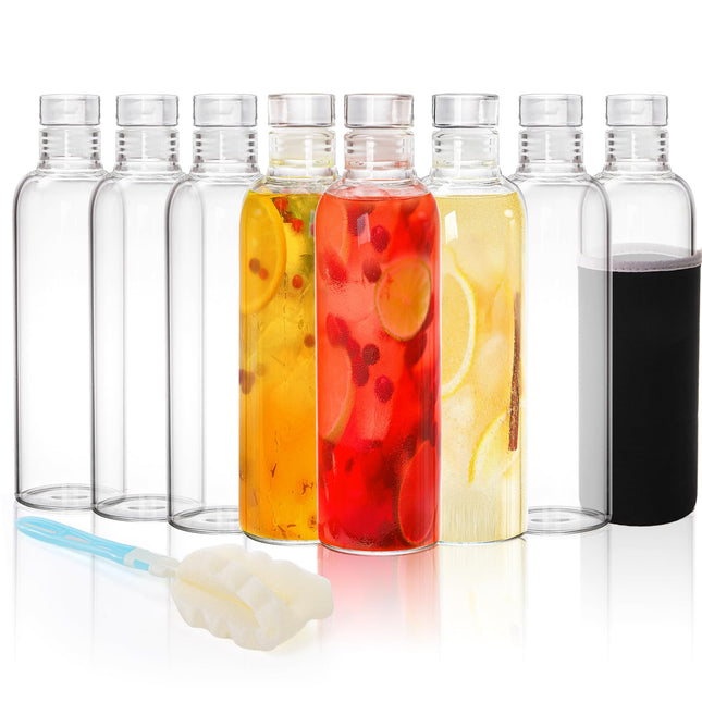 8 Pack Glass Water Bottles with Lids, 16 Oz Clear Glass Juice Bottles with Protective Sleeve Brush, Leak Proof Reusable 