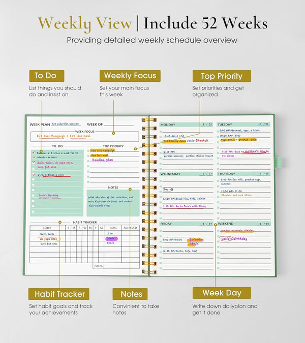 Undated Weekly and Monthly Planner, B5 Large Weekly to Do List Notebook with Goal & Habit Tracker Organizer, Hardcover Spiral Bound Blank Monthly