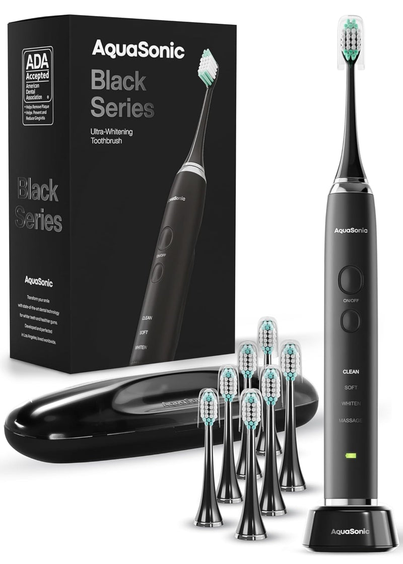 Aquasonic Black Series Ultra Whitening Toothbrush â ADA Accepted Electric Toothbrush- 8 Brush Heads & Travel Case â 40,000 VPM Electric Motor &
