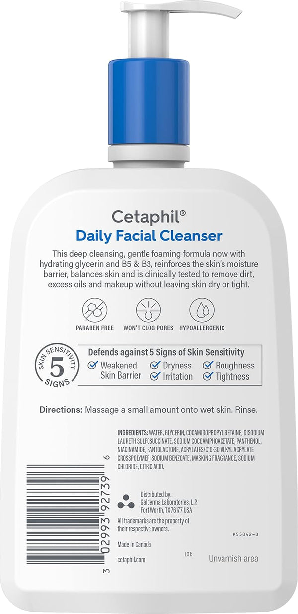 Cetaphil Face Wash, Daily Facial Cleanser for Sensitive, Combination to Oily Skin, 20 Oz, Gentle Foaming, Soap Free, Hypoallergenic