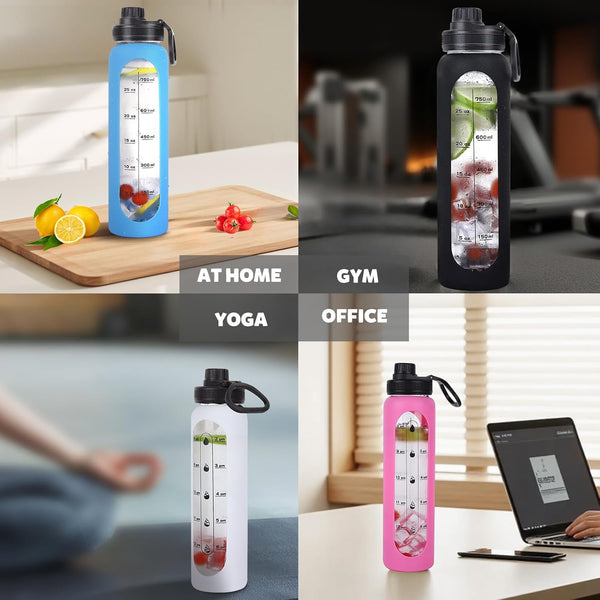 GIEMIT Glass Water Bottles 32oz with Silicone Sleeve Drinking Hydration Bottles Reusable Borosilicate Wide Mouth Motivational Water Flask Canteen