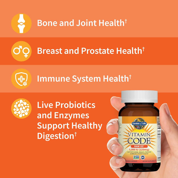 Garden of Life Vitamin D, Vitamin Code Raw D3, Vitamin D 5,000 IU, Raw Whole Food Supplements with Chlorella, Fruit, Veggies & Probiotics for Bone