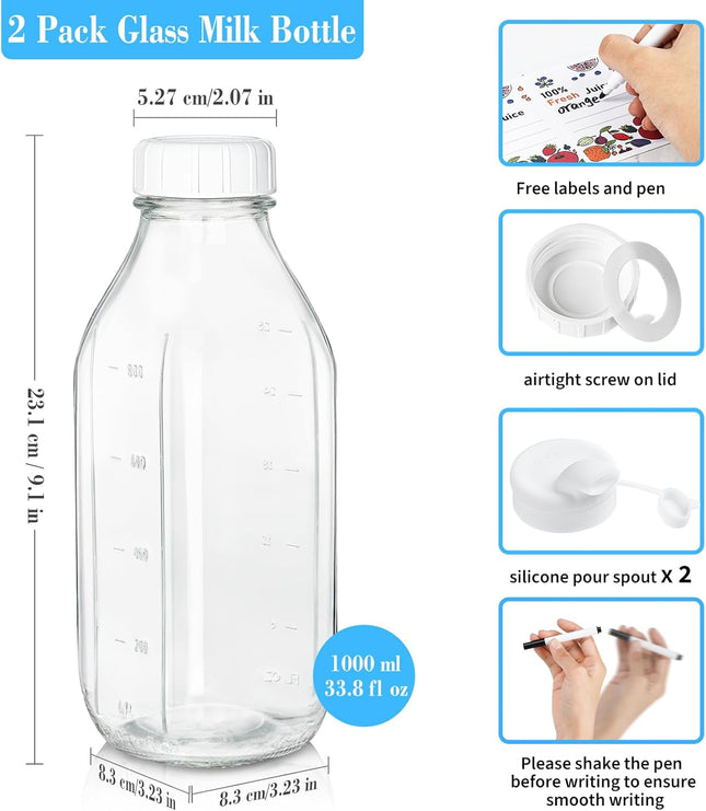 Milk Bottle with Dispenser Cap, 100% Airtight Heavy Duty Screw Lid. 2 Pack 32 Oz Reusable Glass Bottles with 3 Lids! Bre