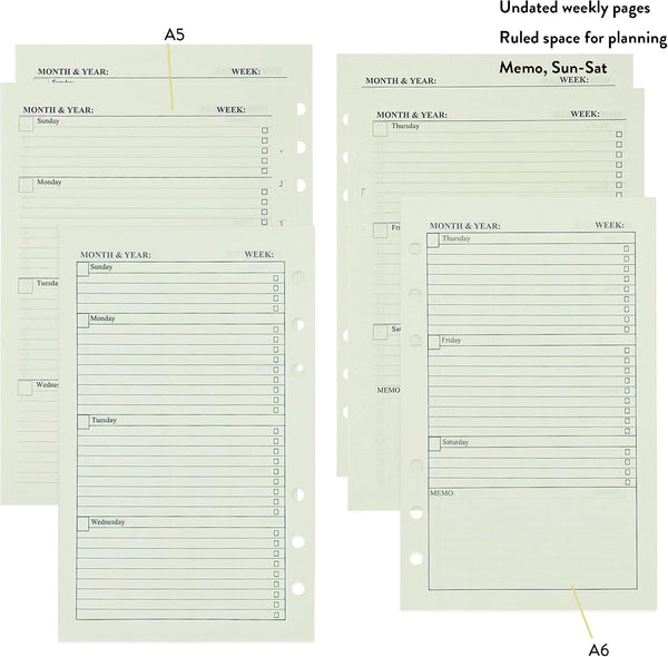 90+54+14 A5 Refill Paper with Undated Monthly Weekly Calendar Planner Inserts, 6 Ring Loose Leaf Lined Filler Paper Refillable for Binder Planner