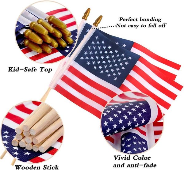 Small American Flags on Stick 5x8 Inch/12 Pack - Mini Ameirican Flags/Handheld American Wooden Stick Flag with Safe Spear Top for July 4th