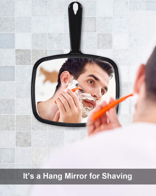 PROTECLE Large Hand Mirror, Salon Barber Hairdressing Handheld Mirror with Handle (Square Black 10.3"x7.4") | Hand Held Mirror, Barber Mirror,