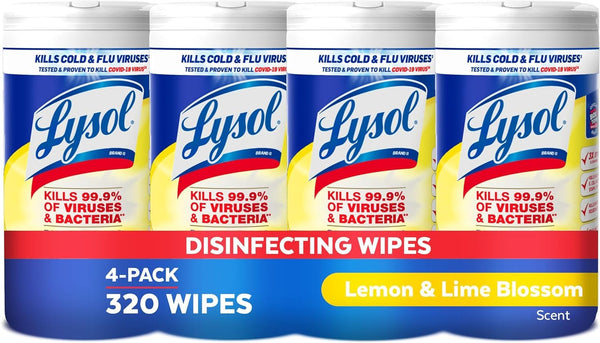 Lysol Disinfectant Wipes, Multi-Surface Antibacterial Cleaning Wipes, for Disinfecting and Cleaning, Lemon and Lime Blossom, Pack of 4 (Packaging