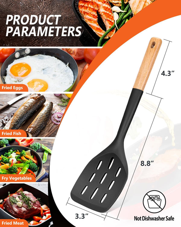 Pack of 2 Silicone Spatula, Non Stick Cooking Utensil Set Wooden Handle Kitchen Turner for Baking Mixing Grilling Serving Food Heat Resistant Non