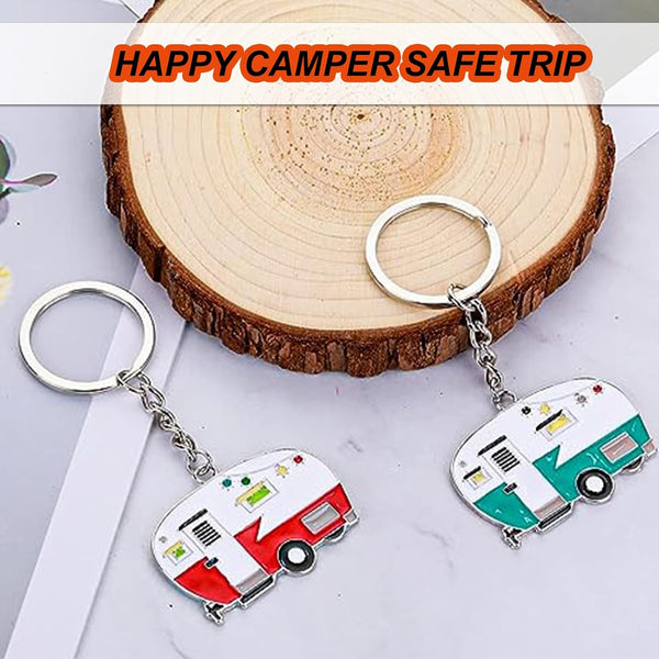 2 Pack Camper Keychain Set Happy RV Camper Keyring Couples Camping Accessories for Men Women Travel Trailers Red+green