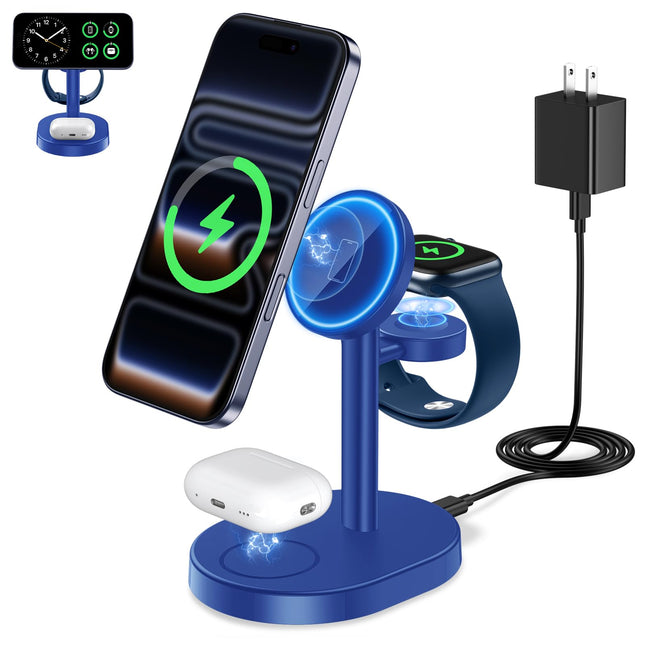 3 in 1 Wireless Charging Station for Apple Magsafe Charger, 15W Fast Qi-Certified Magnetic Mag-Safe Charger Stand for Ip
