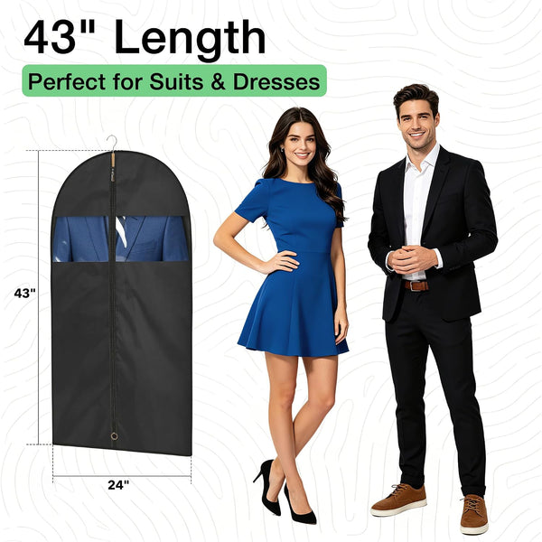 43" Suit Bags for Closet Storage and Travel, Garment Bags for Hanging Clothes, Suit Garment Bag for Men, Black Suit Cover Bags with Clear Window