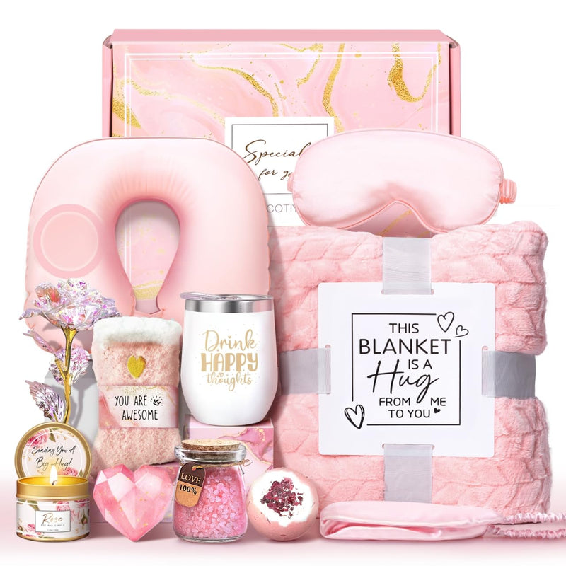 Birthday Gifts for Women Self Care Gifts Get Well Soon Gifts for Women,Relaxing Spa Gifts Basket W/Flannel Blanket Traveling Pillow Care Package