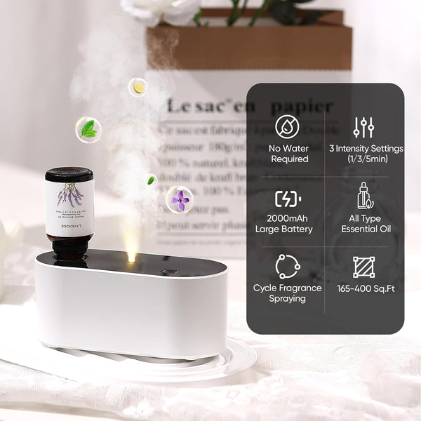 Waterless Diffuser for Essential Oil, Battery Operated Scent Air Aromatherapy Diffuser, Mini Portable Aroma Diffusers with 3 Mist Modes, Cycle