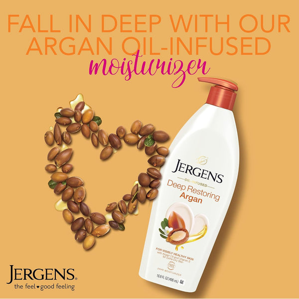 Jergens Deep Restoring Argan Oil Body Lotion For Dry Skin, 16.8 fl oz | Vitamin E, Restores Hydration, Long-Lasting Moisture, Lightweight Feel,