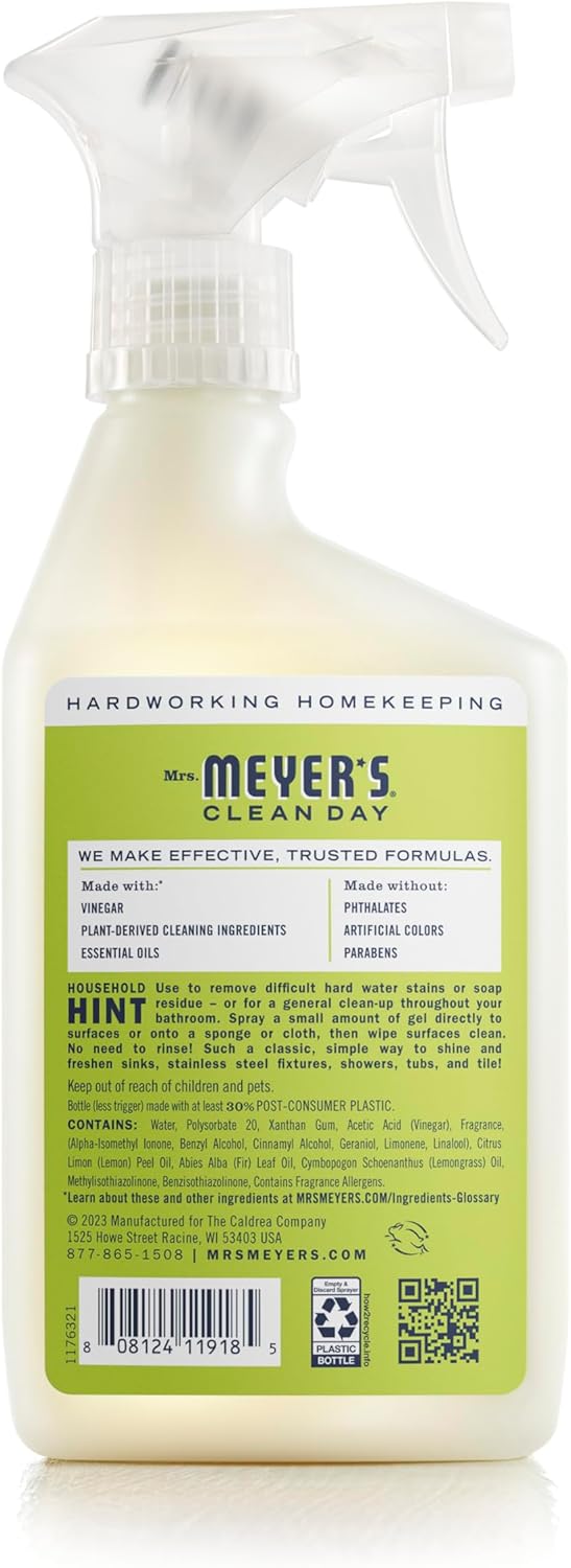 MRS. MEYER'S CLEAN DAY Vinegar Gel Cleaning Spray, Bathroom Use, No-Rinse Formula, Plant-Derived Cleaning Ingredients, Lemon Verbena, 16 Fl Oz,