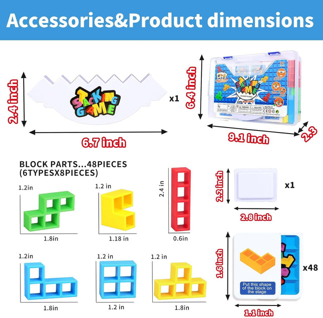 48PCS Stack Attack Game for Adult & Kids, Tetra Board Tower Games for Family Travel Party, 2 Players Balance Stacking To