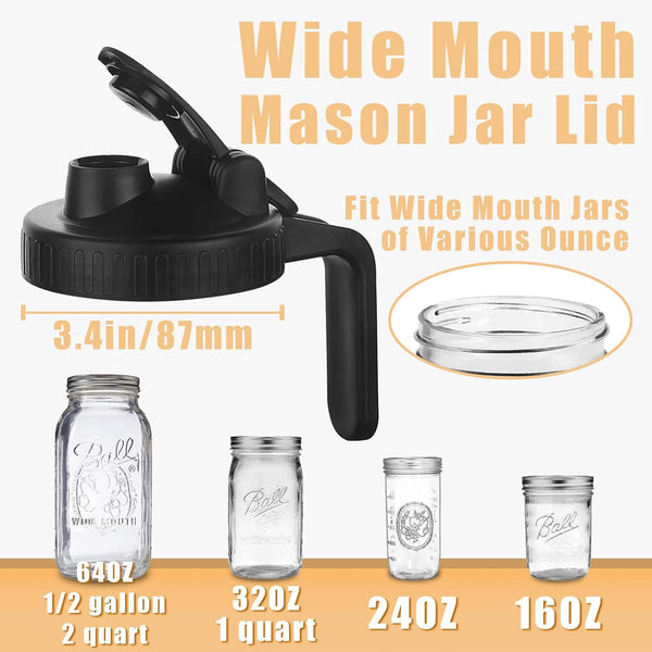 Mason Jar Pour Spout Lid for Wide Mouth Mason Jars, Mason Jar Pitcher Flip Cap Airtight Handle Lid, Leak Proof Seal Cover, Pack of 2 2 Pack