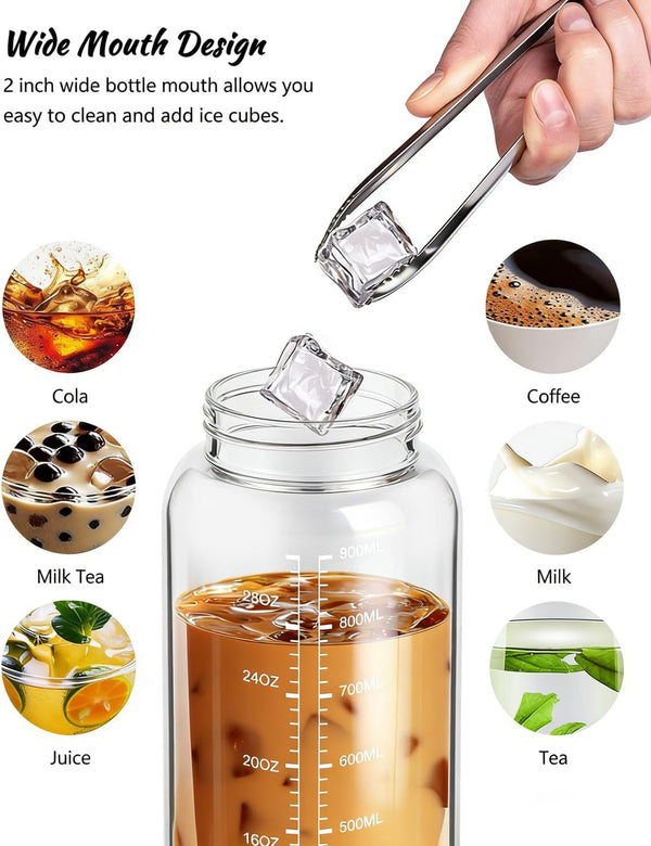 Nefeeko 32 oz Glass Water Bottles with Straw, Time Marker, Motivational 1 Liter BPA FREE Leakproof Reusable Glass Water Bottle with Silicone