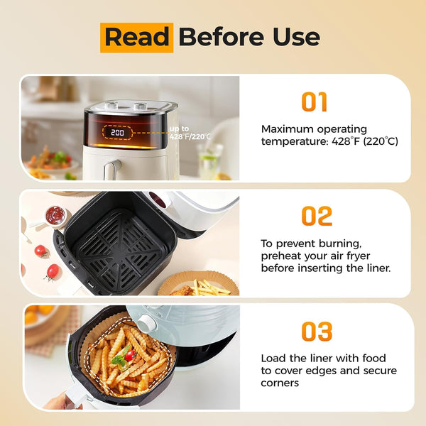 Vailnd Air Fryer Paper Liners, 200pcs Air Fryer Liners Disposable 8" Square | Baking Paper Liner for 5-8 qt Airfryer Basket, Non-stick and Oil