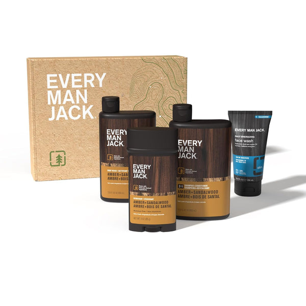Every Man Jack Bath and Body Shower Gift Set for Men, Amber Sandalwood | Hydrating Body Wash, 2-in-1 Shampoo Conditioner, Aluminum-Free Deodorant,