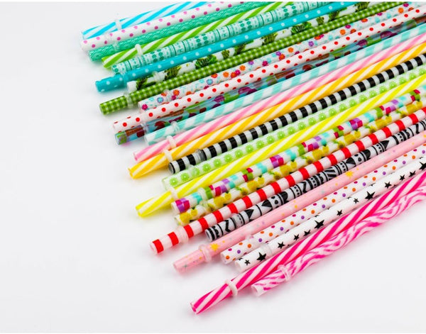 50 Pack Bent Reusable Straws, BPA-Free, 9" Colorful Hard Plastic Stripe Drinking Straw for Mason Jar Tumbler, Family or Party Use With Cleaning