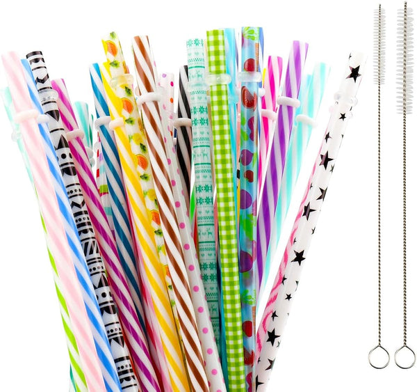 50 Pack Bent Reusable Straws, BPA-Free, 9" Colorful Hard Plastic Stripe Drinking Straw for Mason Jar Tumbler, Family or Party Use With Cleaning