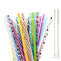 50 Pack Bent Reusable Straws, BPA-Free, 9" Colorful Hard Plastic Stripe Drinking Straw for Mason Jar Tumbler, Family or Party Use With Cleaning