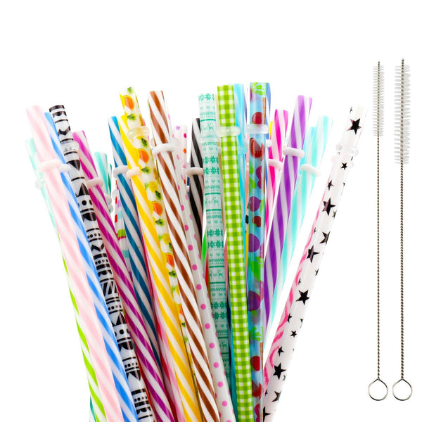50 Pack Bent Reusable Straws, BPA-Free, 9" Colorful Hard Plastic Stripe Drinking Straw for Mason Jar Tumbler, Family or Party Use With Cleaning
