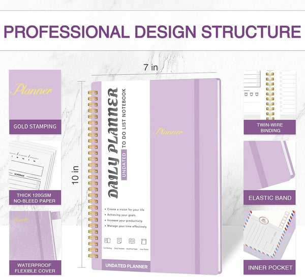 Daily Planner Undated, To-Do List Notebook with Hourly Schedule, Spiral Appointment Organizer Calendar for Man / Women, Flexible Cover, Twin-Wire