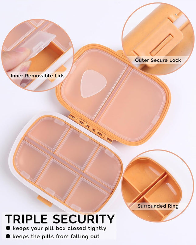 MEACOLIA Travel Pill Organizer, 1 Pack 8 Compartments Daily Pill Case Small Pill