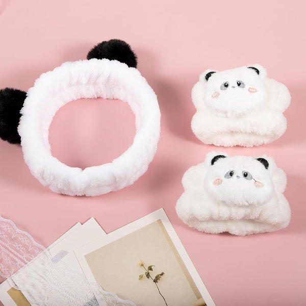 Pom Pom Panda Ears Plush Wash Face Headband Spa Wrist Band Cuffs Hair Scrunchy Women Girls Facial Makeup Skincare Bath Head Wrap Kids Costume