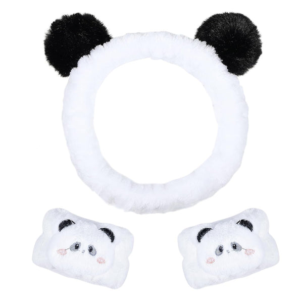 Pom Pom Panda Ears Plush Wash Face Headband Spa Wrist Band Cuffs Hair Scrunchy Women Girls Facial Makeup Skincare Bath Head Wrap Kids Costume