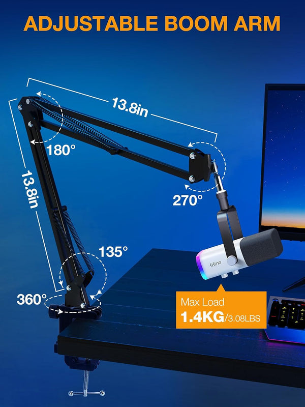 QuadCast Boom Arm, Mic Arm for Blue Yeti HyperX QuadCast SoloCast Fifine AM8 and Most Microphone, Mic Stand Desk with 3/8" to 5/8" Adapter by