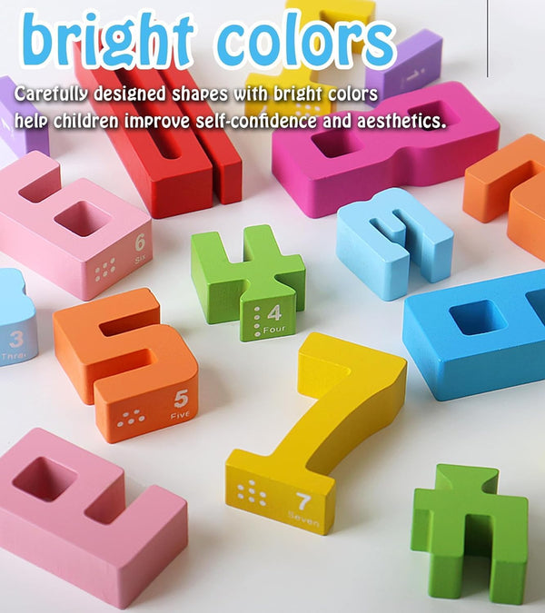 20PCS Wooden Number Building Blocks- Montessori Math Stacking Number Blocks Toys with Counting Games, Bright Digital Building Blocks Friends of
