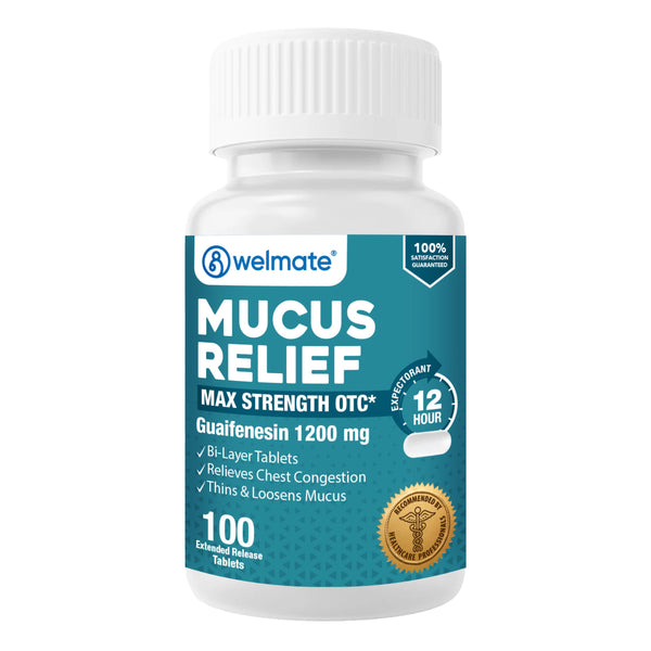WELMATE Guaifenesin 1200 mg Mucus Relief, Maximum Strength, 100 Count | Extended-Release Expectorant Tablets, 12 Hour Chest Congestion Relief,