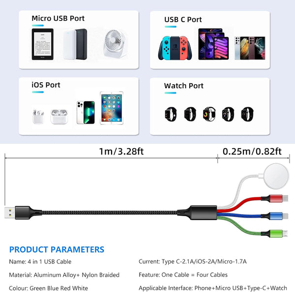 Travel 4 in 1 Iwatch & Iphone Charger,Multi Charging Cable for Apple Watch Charger USB C Micro Nylon Compatible with Iwatch
