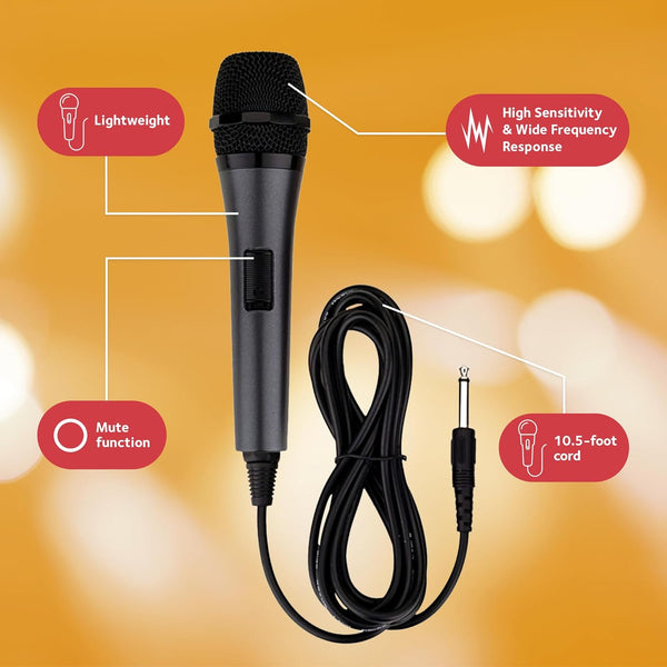 Singing Machine Wired Microphone for Karaoke, (Black) - Unidirectional Dynamic Vocal Microphone - Plug-In Microphone for Karaoke Machine, AMP, &