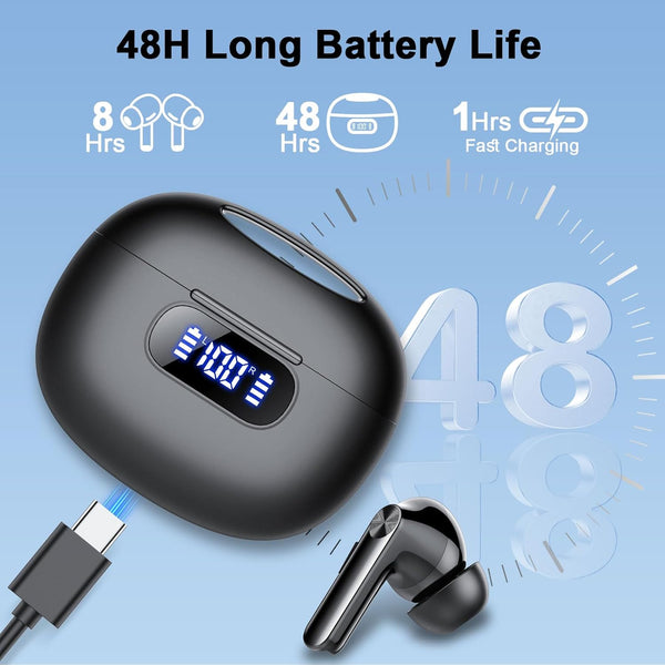 Wireless Earbuds, Bluetooth 5.3 Headphones LED Power Display, 2025 New Wireless Earphones, 4 ENC Noise Cancelling Mic, Hifi Stereo, 48H Playtime