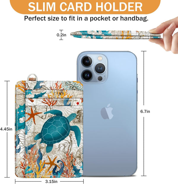 Credit Card Holder Slim Wallet, Sea Turtle RFID Wallet Women Front Pocket Small Card Holder Travel Cute Funny Thin Card Case ID Window PU Leather