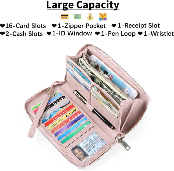 GOIACII Womens Wallet RFID Blocking Leather Zip Around Wallet Large Capacity Long Purse Credit Card Clutch Wristlet A02 Pink