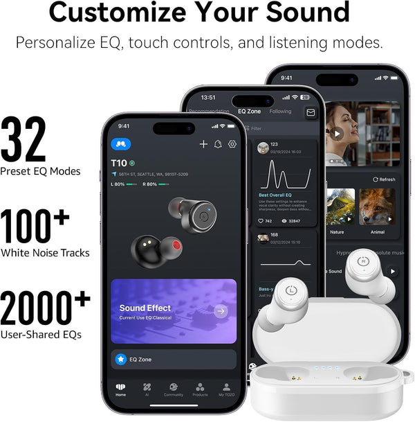 TOZO T10 Wireless Earbuds Powerful Bass Stereo Wireless Charging, APP, IPX8 Matte White