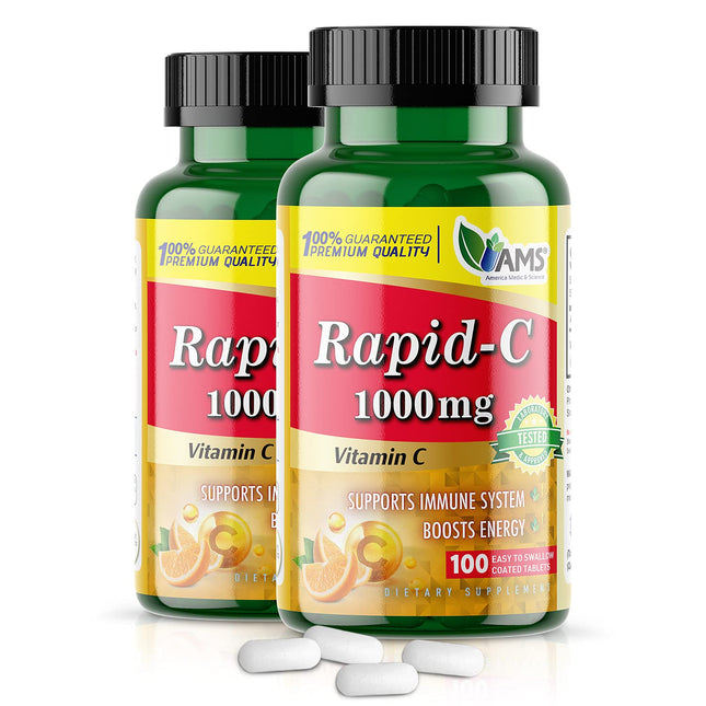 America Medic & Science Rapid-C 1000Mg Vitamin C Supplement (2 Pack of 100 Tablets) Energy Booster, Daily Immune System 