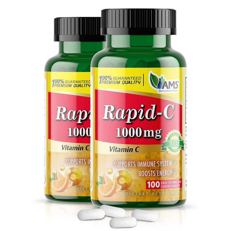 America Medic & Science Rapid-C 1000Mg Vitamin C Supplement (2 Pack of 100 Tablets) Energy Booster, Daily Immune System Support, Antioxidant |