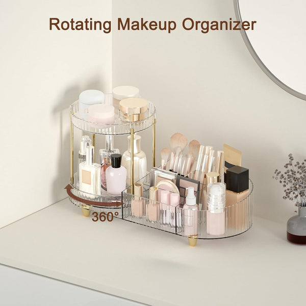 Makeup Organizer Countertop for Vanity, Rotating Perfume Tray with 5-Compartment Cosmetic and Skincare Organizers, Multi-Purpose Desk Storage