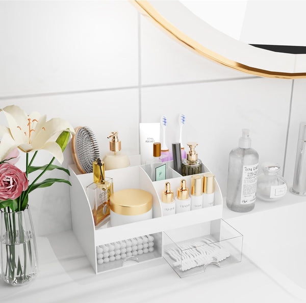 Makeup Organizer with Drawers, Cosmetic Storage for Dresser Vanity and Bathroom Countertop, Beauty Holder for Lipstick Brush, Skincare Organizer
