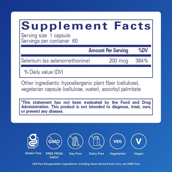Pure Encapsulations Selenium - 200 mcg - for Healthy Cellular Function, Immune System & Antioxidant Defenses* - Mineral Supplement - Vegan &