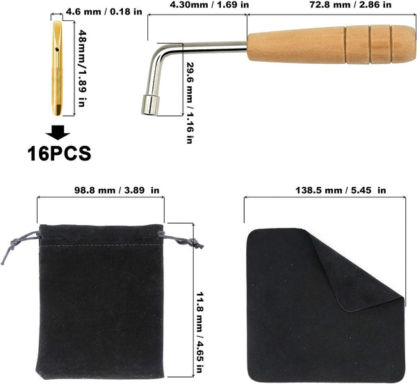 16pcs Gold Tuning Pin with L-shape Wrench Gooseneck Hammer Lever | With Dust-free Cloth,Widely for Lyre Harp, Zithers, Harpsichord Dulcimer, and